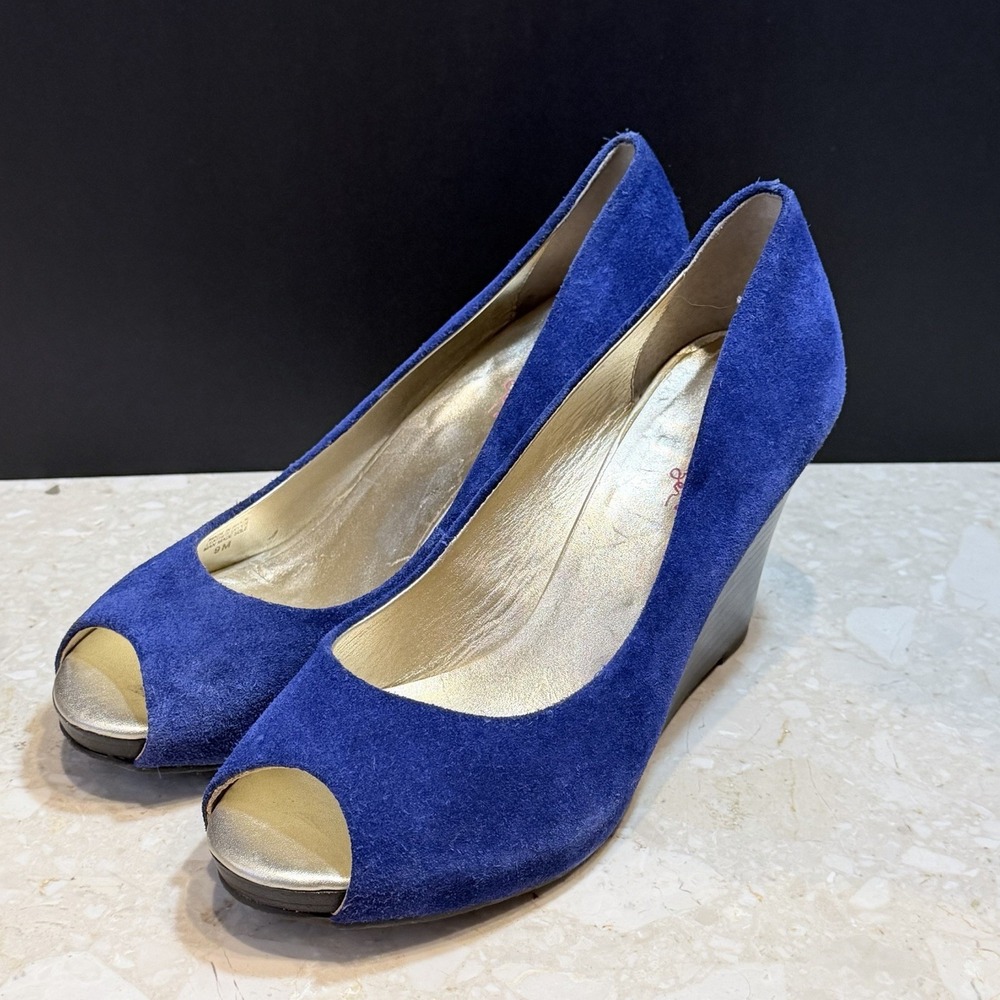 LILLY PULITZER Bomber Blue Leather Suede Peep Toe Wedge Shoes Heels US 9 M